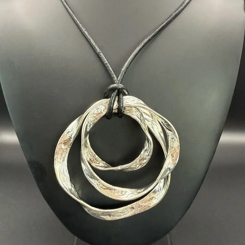 Vintage Modernist Spiral Pendant Black Cord Statement Necklace 30”